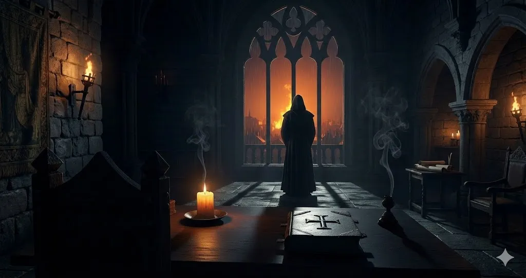 Um homem encapuzado, um Inquisidor, está de pé em uma câmara de pedra escura e gótica, olhando por uma grande janela em arco para uma cidade em chamas durante a noite. Em primeiro plano, sobre uma mesa de madeira, há uma vela acesa, um livro antigo com uma cruz em relevo e um incensário fumegante.