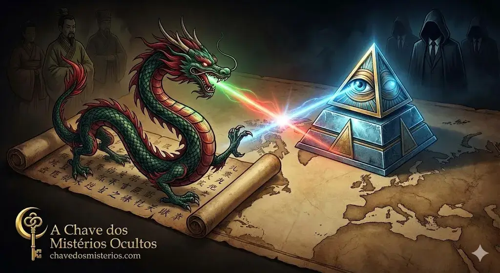 Ilustração conceitual de um dragão chinês verde e vermelho e uma pirâmide com o Olho Que Tudo Vê dos Illuminati disparando raios de energia em confronto sobre um mapa-múndi antigo. Figuras sombrias e chinesas antigas observam ao fundo. O logotipo de "A Chave dos Mistérios Ocultos" está no canto inferior esquerdo.