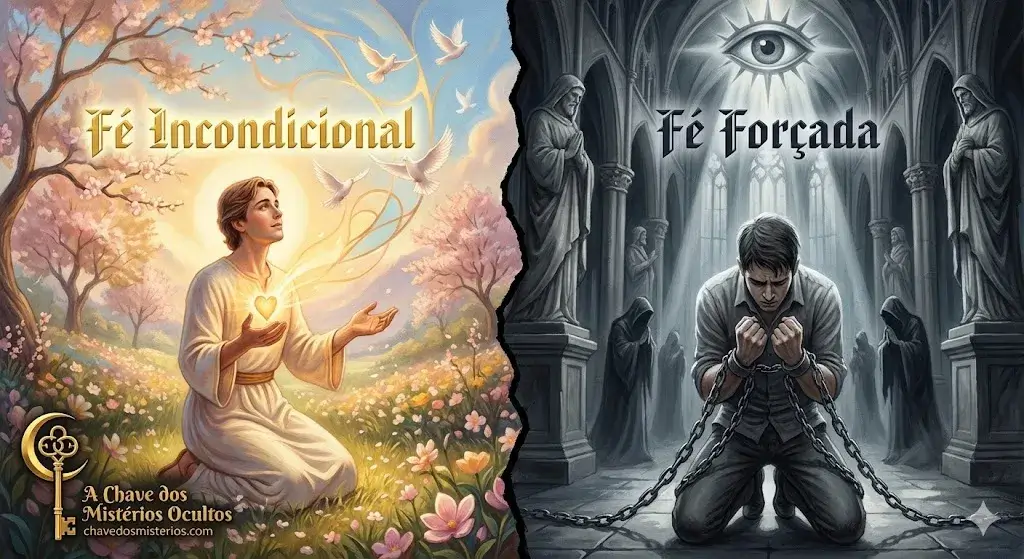 Ilustração dividida verticalmente comparando dois tipos de fé. À esquerda, em cores quentes e luminosas, uma pessoa ajoelhada em um jardim florido com o coração brilhando, sob o texto dourado "Fé Incondicional". À direita, em tons de cinza sombrios, uma pessoa acorrentada e curvada dentro de uma catedral gótica, sob um olho vigilante e o texto "Fé Forçada". O logotipo de "A Chave dos Mistérios Ocultos" está no canto inferior esquerdo.