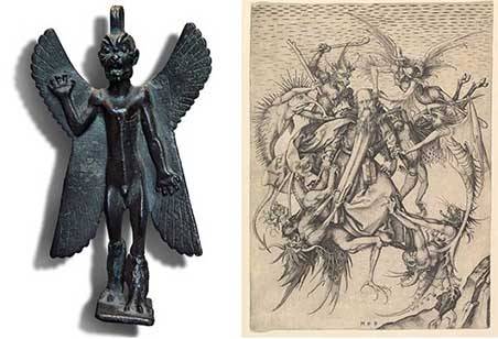 Esquerda: estátua de Pazuzu, demônio sumério do ar. Direita: ilustração de demônios do ar em The Temptation of San Antonio