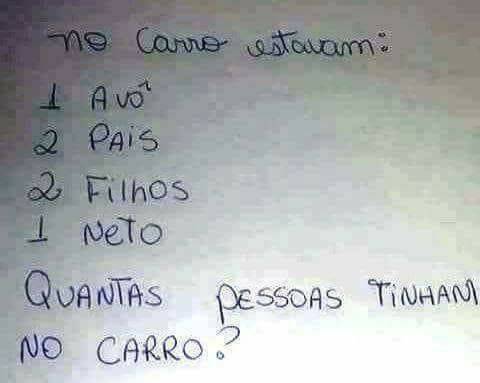 No carro estavam 1 avô, 2 pais, 2 filhos e 1 neto