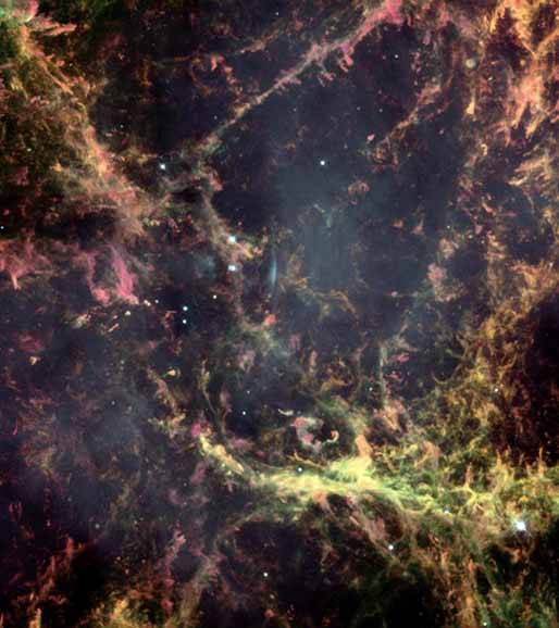Imagem óptica do Hubble, de uma pequena região da Nebulosa do Caranguejo que mostra sua estrutura filamentosa