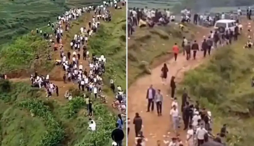 Milhares de pessoas ouvem um dragão rosnar em uma montanha na China