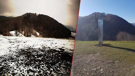 À direita, o monolito cravado numa montanha da Romênia. À esquerda, o mesmo local já sem o monolito.
