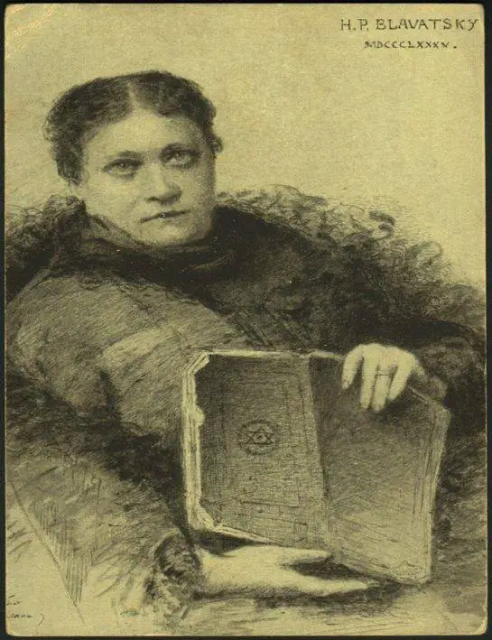 Helena Petrovna Blavatsky, posando ao lado de um manuscrito raro