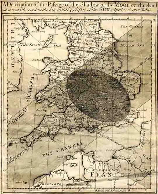Mapa do eclipse de 1715 por Edmond Halley.