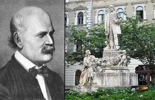 À esquerda: O retrato de Ignaz Semmelweis. À direita: A estátua dele em Budapeste, Hungria.