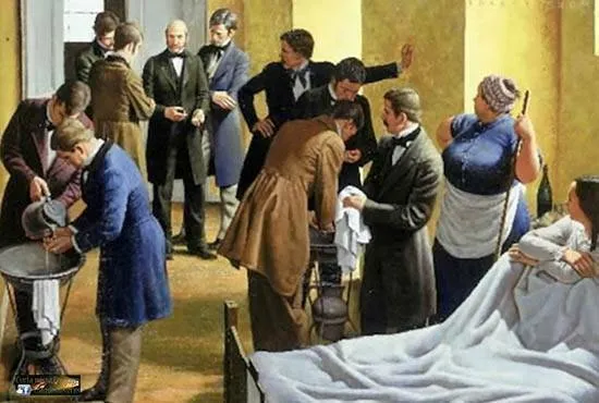 Pintura de uma sala de parto no Hospital de Viena, onde Semmelweis é retratada ensinando seus alunos.