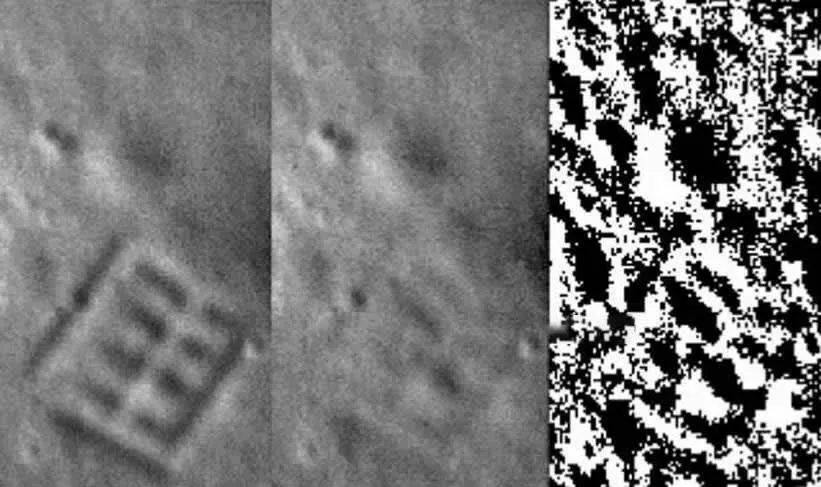 Simulação de uma provável vista do HIRES de um antigo assentamento na Lua (esquerda). Aspecto atual da ruína erodida do antigo assentamento (centro). Processamento de imagem SAAM que pode revelar a anomalia retangular (direita).