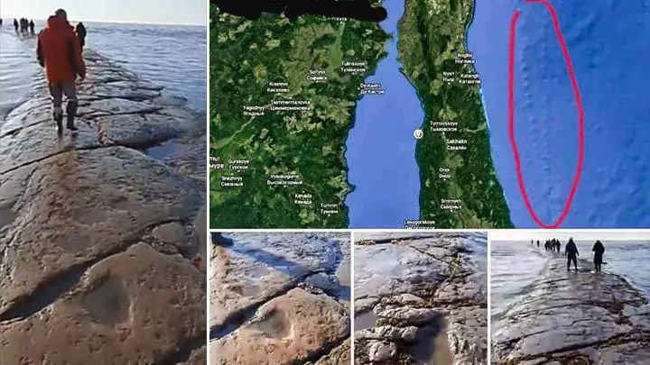 Uma gigantesca estrada de pedra aparece sobe sob o Oceano Pacífico