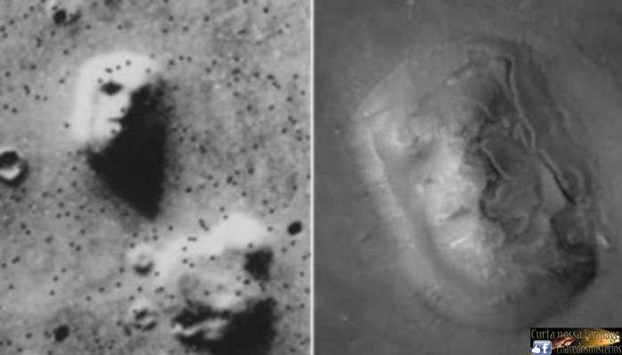 Imagem tirada pelo rover Viking em 1976, mostrando uma face gravada em uma rocha na superfície de Marte. Mesma rocha fotografada pela Mars Global Surveyor em 2001, sem rosto.