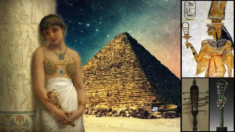 Óleo de uma garota egípcia com um sistro, de Edwin Longsden Long, Nefertari segurando um sistro e os dois tipos de sistro.