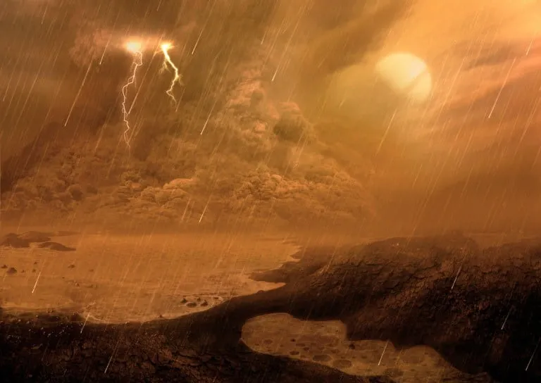 Uma ilustração imagina uma tempestade de poeira em Titã, onde humanos um dia poderão viver.