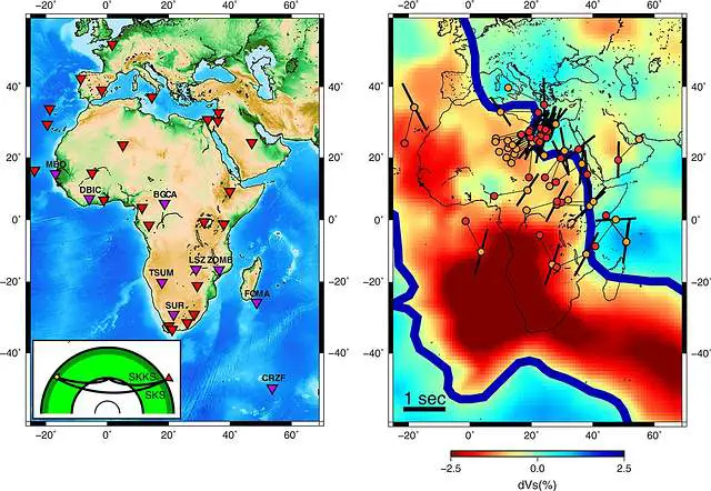 Esquerda: localizações de 34 estações sísmicas utilizadas neste estudo (triângulos). Direita: Delineado em azul, parte da estrutura abaixo da África.