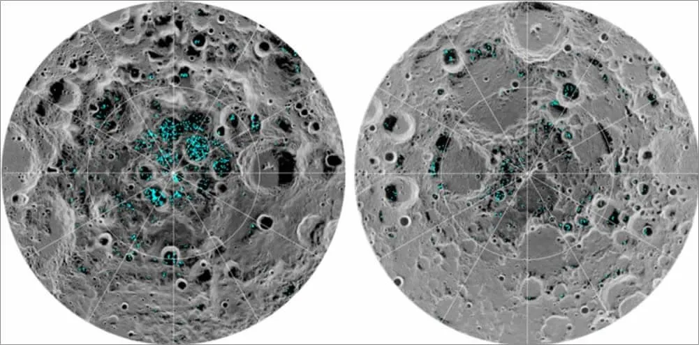 A distribuição do gelo da superfície no pólo sul da Lua, à esquerda, e pólo norte, à direita.