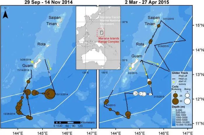 Localização geral dos levantamentos de planadores realizados no Arquipélago das Ilhas Marianas.