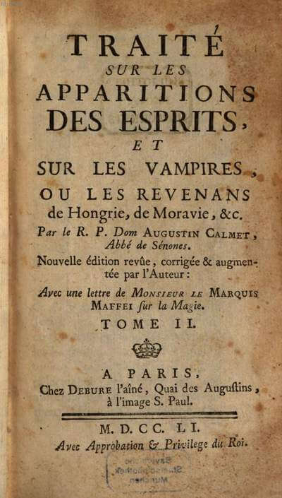 Traité sur les apparitions des esprits et sur les vampires