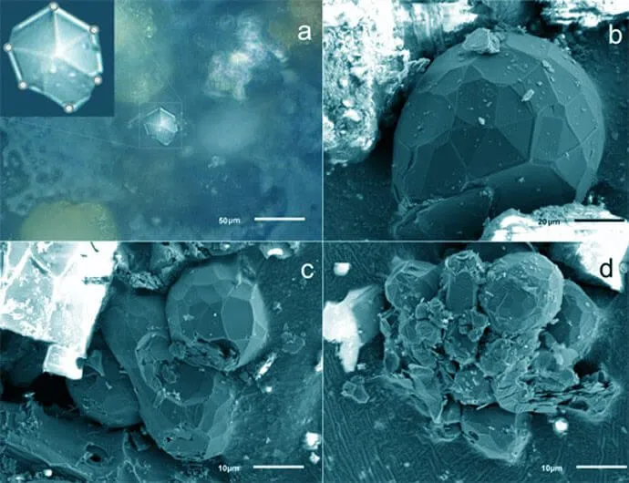 Imagens ópticas (a) e SEM (bd) de cristais de carbono na poeira do meteorito de Chelyabinsk.