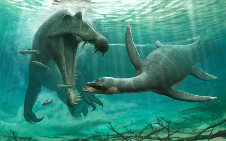 Pesquisadores da Universidade de Bath reviram a suposição de que um plesiossauro (à direita) não poderia ter vivido em um ambiente de água doce.