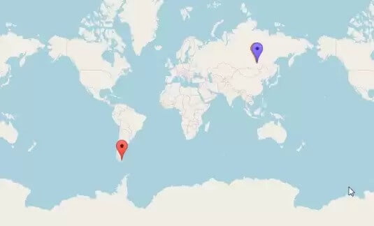 O programa destacou o Pólo Sul em vermelho, o Pólo Norte em azul, será em algum lugar da região de Chita.