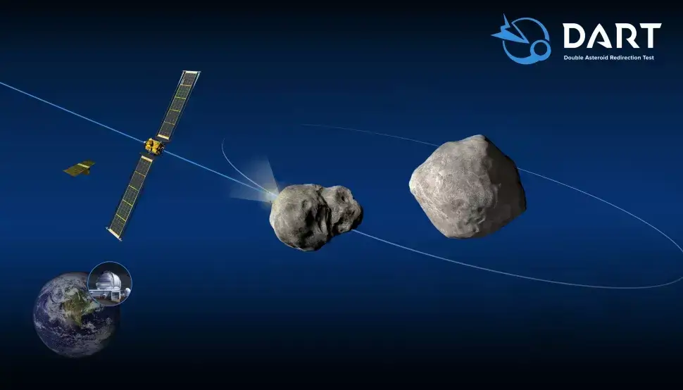 Uma representação artística da espaçonave DART da NASA voando em direção ao asteroide Dimorphos.