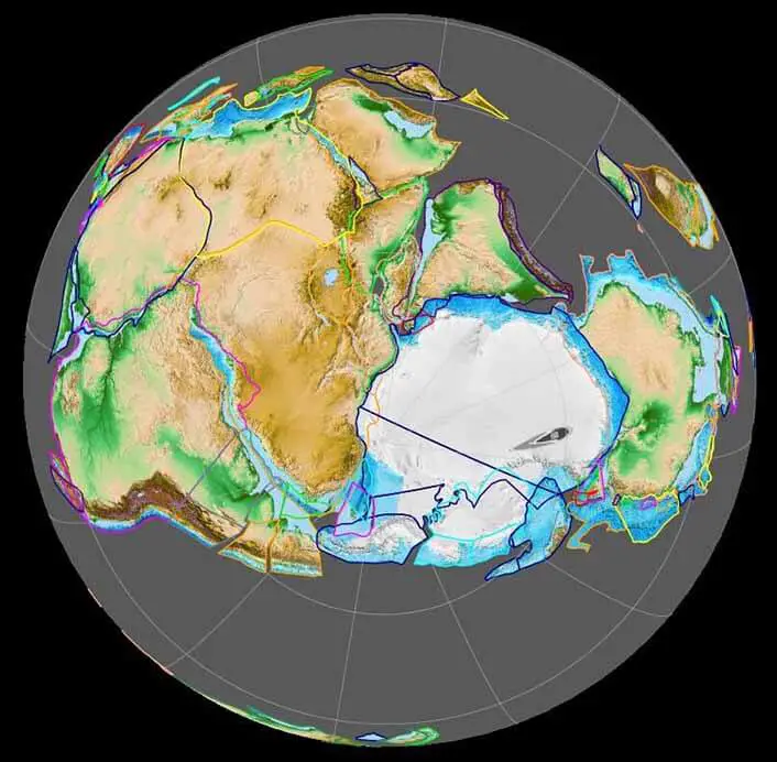 Visão de reconstrução do Gondwana há 420 milhões de anos, centrada no Polo Sul.