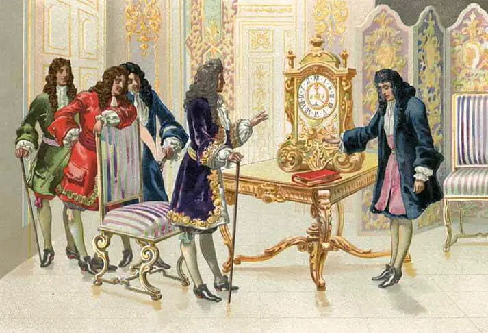 Christiaan Huygens apresentando o relógio de pêndulo para Louis XIV.