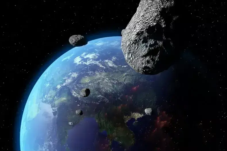 Imagem conservada em estoque de vários asteroides se aproximando da Terra. No dia de Natal, prevê-se que três grandes asteróides passem perto do nosso planeta.