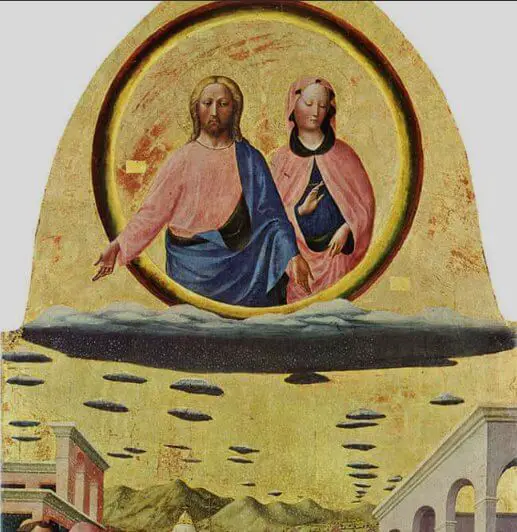 A pintura mostra Jesus e Maria sobre as nuvens, em uma imagem que se assemelha a uma nave.