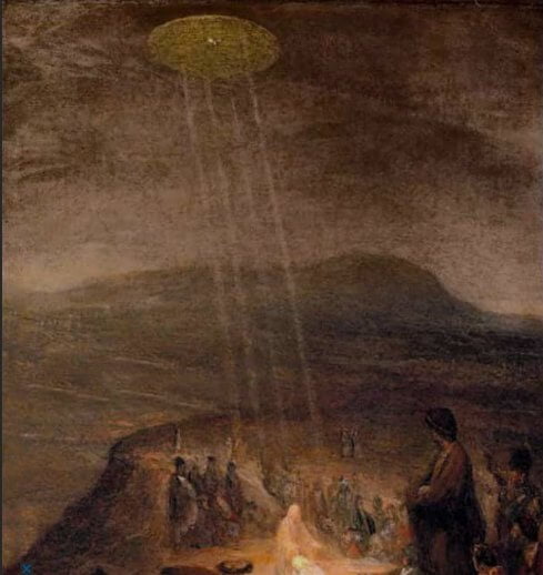Esta obra parece mostrar um objeto voador não identificado iluminando a cena do batismo de Jesus.