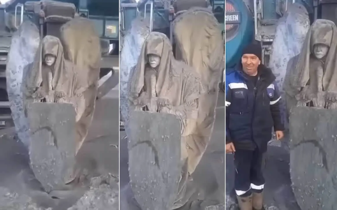 Mineiros siberianos encontram uma misteriosa “estátua de anjo” com escudo e espada