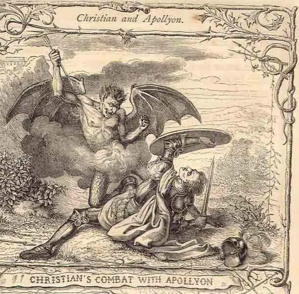 Abaddon ou Apollyon (topo) batalhando com o Cristão em O Peregrino de John Bunyan.