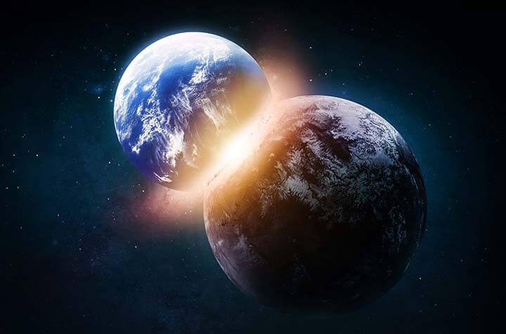 Uma ilustração com elementos provenientes da NASA mostra um planeta colidindo com a Terra.