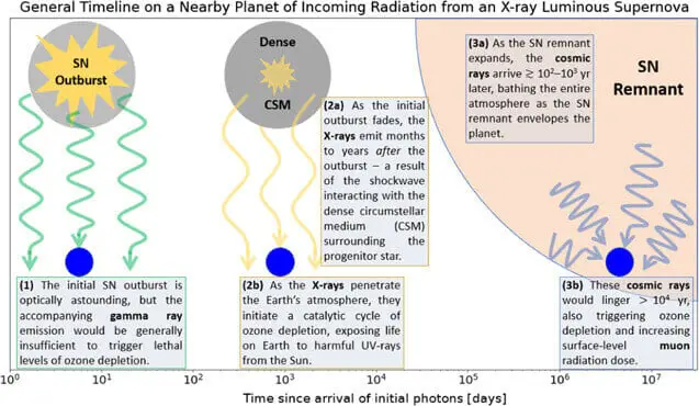 Linha do tempo hipotética em um planeta para a chegada da radiação emitida por um SN luminoso de raios-X próximo.