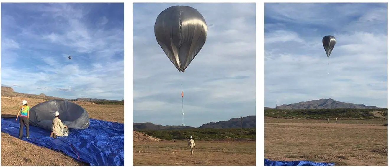 Pesquisadores do Sandia National Laboratories inflando um balão de ar quente solar com uma carga útil de microbarômetro de infra-som.