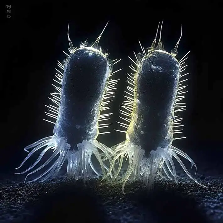 Ilustração de dois organismos eucarióticos primordiais da Protosterol Biota no fundo do oceano.