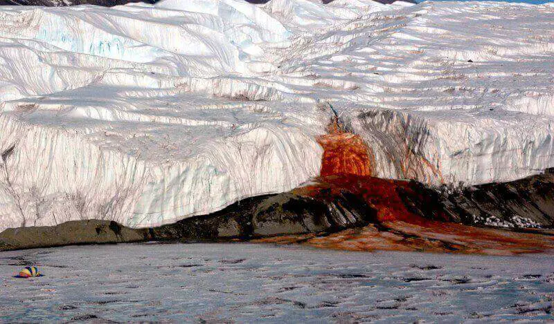 A cachoeira de sangue escoa do final da geleira Taylor para o lago Bonney