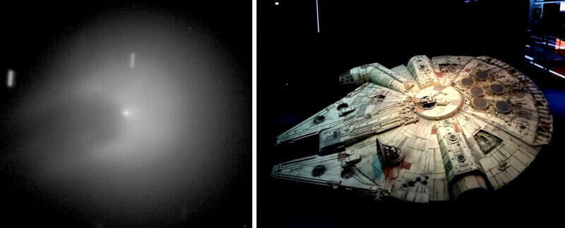 Comparação entre o cometa estranho e a nave Millennium Falcon de Star Wars.