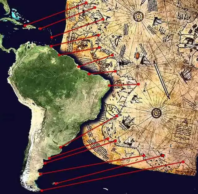 O famoso mapa do almirante turco Piri Reis comparado ao contorno da América do Sul.