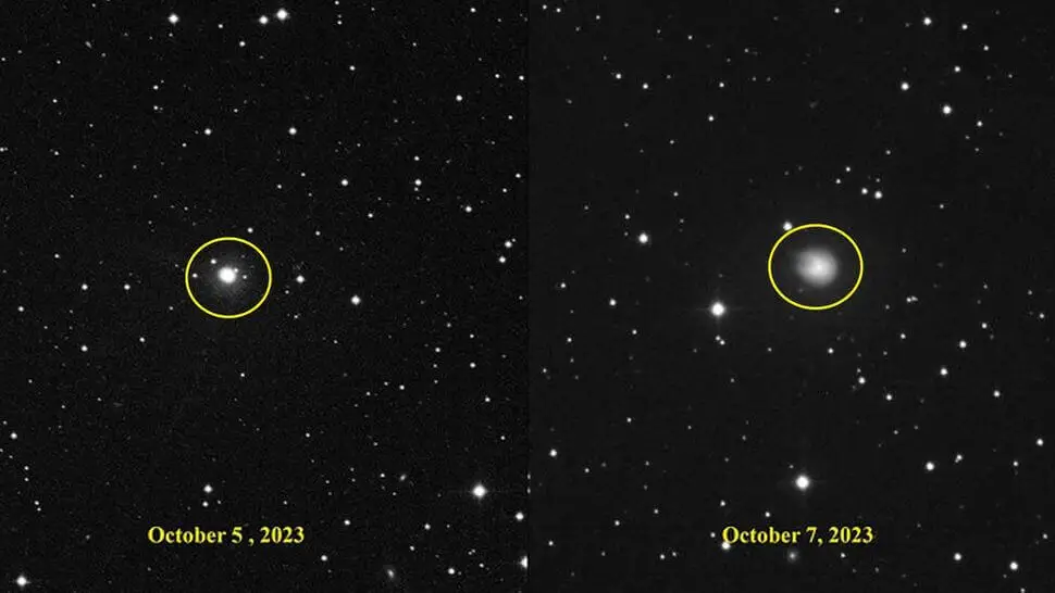 Uma comparação da aparência do cometa em erupção em 5 de outubro (esquerda) e 7 de outubro (direita). Os chifres desenvolveram-se claramente dois dias após a erupção inicial.