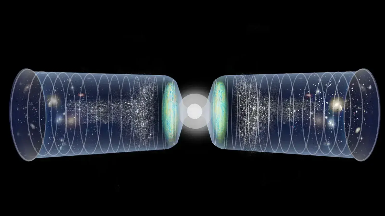 Em vez de ser um começo, o Big Bang poderia ter sido um momento de transição de um período de espaço e tempo para outro – mais como um salto. Em vez de ser um começo, o Big Bang poderia ter sido um momento de transição de um período de espaço e tempo para outro – mais como um salto.