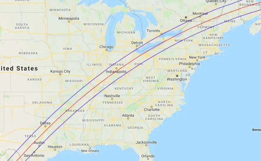 O caminho do eclipse solar total de 8 de abril de 2024 começa nos Estados Unidos no Texas e termina no Maine.