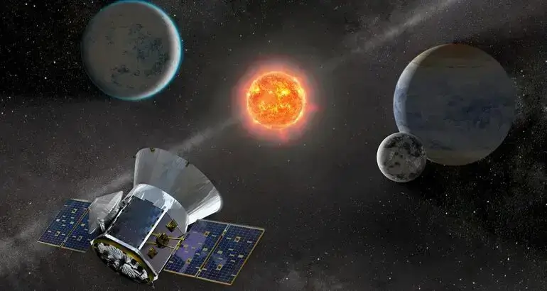 Ilustração do satélite de estudo de exoplanetas em trânsito, TESS, em sua busca espacial por exoplanetas