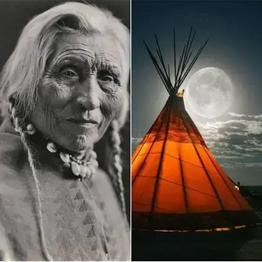 Esquerda: Anciã Navajo. - Direita: Representação de uma cabana na iluminada pela lua.
