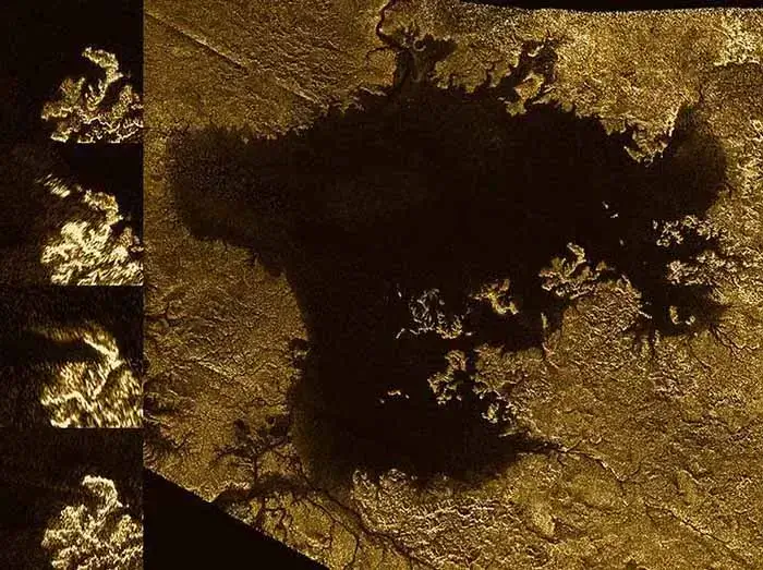 Nestas imagens obtidas pela Cassini em 2013, é possível ver uma estranha estrutura semelhante a uma ilha num dos mares de hidrocarbonetos de Titã, que parecia mudar ao longo do tempo (série de imagens à esquerda). Os campos de bolhas podem ser uma possível explicação para estas “ilhas fantasmas”. A investigação determinou que se trata de massas orgânicas flutuantes em movimento.