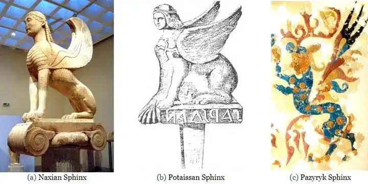 O desenho da esfinge perdida (centro), comparado com uma esfinge grega encontrada em Delfos (esquerda) e outro desenho de uma esfinge encontrada no maciço de Altai, na Rússia.