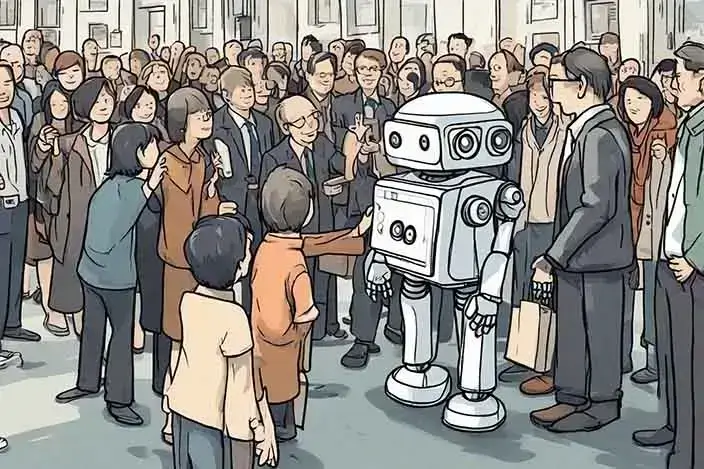 Representação: Humanos interagindo ou "adorando" um robô. - Crédito: A Chave dos Mistérios Ocultos