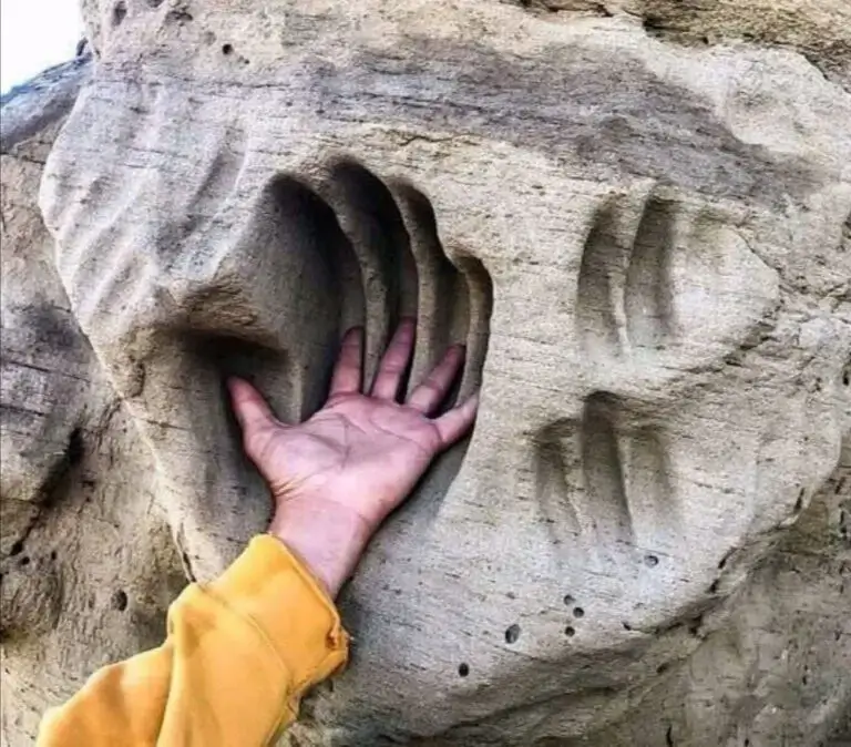 Comparação entre uma mão humana e uma suposta marca feita por uma suposta mão de gigante em uma rocha.