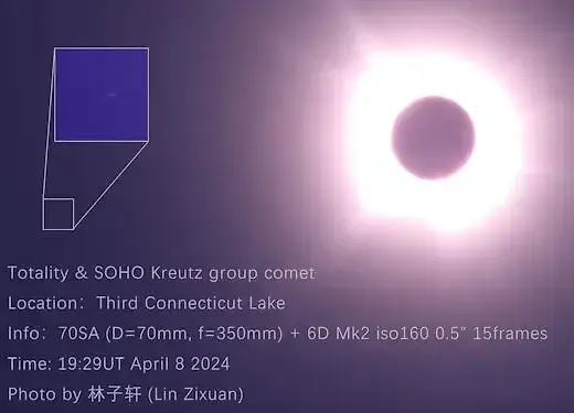O objeto SOHO-5008 em uma imagem tirada por um astrônomo amador durante um eclipse solar em 8 de abril de 2024.