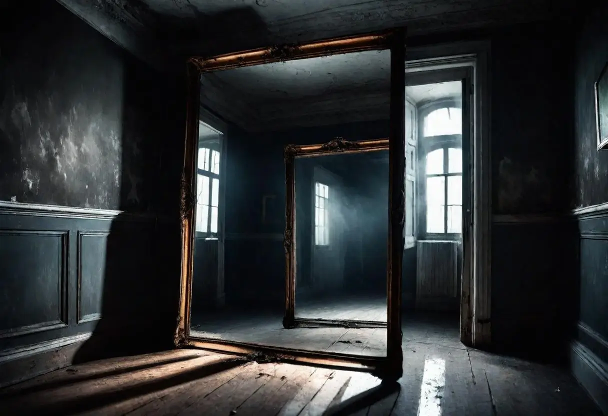 há um espelho no meio de uma sala com fumaça saindo dele, fundo mágico assustador, fundo gótico, fundo assombrado